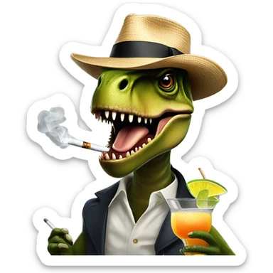 T. rex with a fedora smoking a cigarette and drinking a margarita  sticker