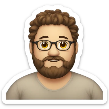 Chubby, non binary, round glasses, attached long brown hair, beard, sleepy smiling hug sticker