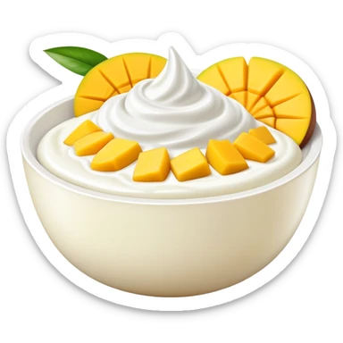 bowl of yogurt with fresh mango slices on top sticker