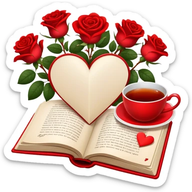 Icon for Romance Reading: an open book with a heart-shaped bookmark, surrounded by roses, a love letter, and a cup of tea. The icon should evoke the warmth, passion, and emotional depth of a love story. Transparent background sticker