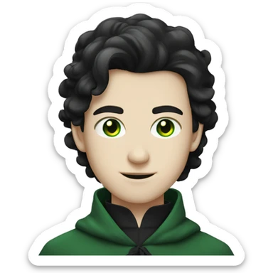 teenage white-skinned wizard with black hair, green eyes in dark green disguise sticker