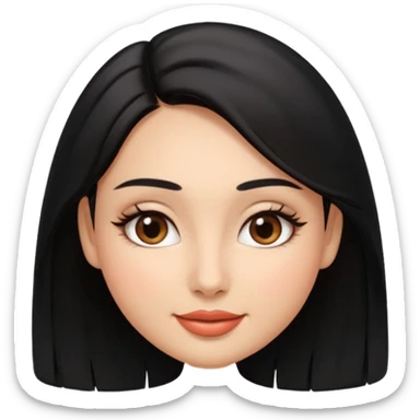 Feminine woman Softly rounded, healthy face — slightly curvy and feminine, not overweight.
Warm tan skin, brown eyes with long lashes, full glossy lips, gentle smile.
Shoulder-length black hair framing the face.
Clean, polished emoji look, soft shading, neutral background. sticker