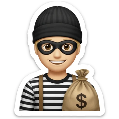 smiley robber wears black eye mask, black beanies and black and white stibes shirt with one brown money bag beside him sticker