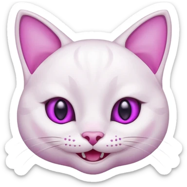 White cat happy smiling with teeth showing, light pink inner ears, magenta purple eyes, looks like discord's :smiley_cat: emoji sticker