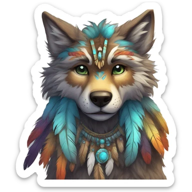 Anthro Fluffy Colorful Shy Spiritual Shamanic WereWolf-sona With Shiny Tribal Markings wearing feathers Full Body Detailed High Quality sticker