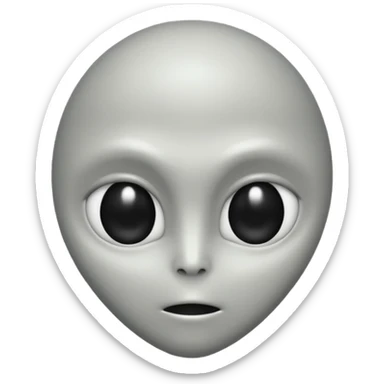 Grey alien head, almond-shaped black eyes, pale grey skin, cartoon emoji, no background sticker