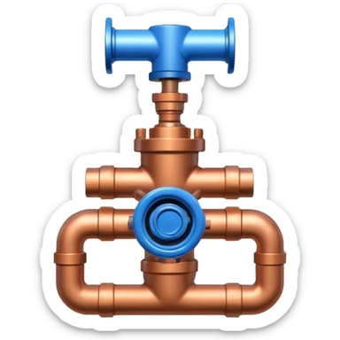 3D icon of connected copper pipes with a blue valve in the center, professional Pixar-like style, plumbing-focused, slightly shiny metallic textures, white background



 sticker