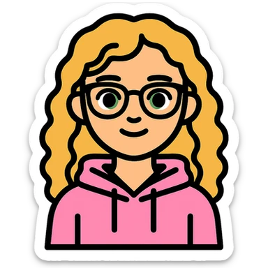 Edit the image to depict a girl with lighter skin, dark blonde wavy hair, green eyes, wearing a baby pink hoodie and brown glasses, with a friendly expression and no background. sticker