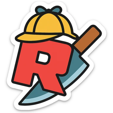 Roblox Murder Mystery logo with stylized R, knife and detective hat, color outline style sticker