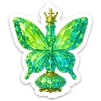 luxurious crystal butterfly-shaped bottle with short neck and princess crown, many facets, glowing and light refractions, green (#c0ff53) and blue colors, golden details, subtle magical effects, transparent background, beautiful connected base, floating in air, no ground or shadow, design very close to original sticker