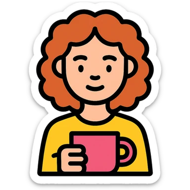white girl with medium curly hair holding a coffee cup, color outline icon style, black lines with subtle color fill, friendly sticker
