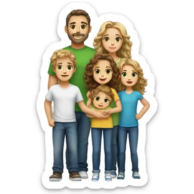 Family of 5:  Dad: Tall, brown hair/eyes, fair. Mom: Medium, blonde, green eyes, fair. Daughter 1: 3, long brown hair, brown eyes. Daughter 2: 2, curly blonde, blue eyes. Baby: 5 months, brown hair/eyes. sticker