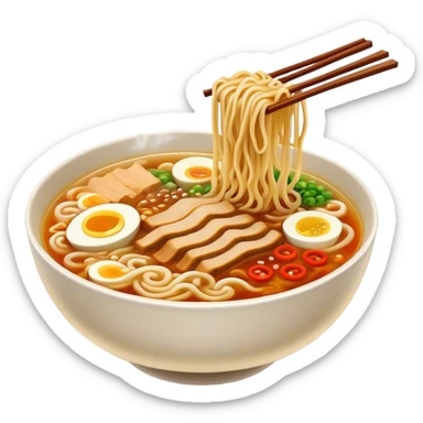 Cinematic Realistic Ramen Dish Emoji, showcasing a steaming bowl of rich broth with noodles and toppings rendered with dynamic textures and inviting, warm lighting. sticker