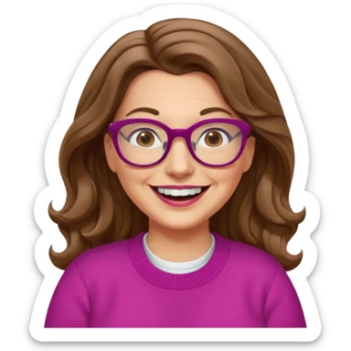 50 yr Caucasian woman, long brown hair parted on side, brown eyes, glasses, big smile, white teeth, fuscia sweater, chubby, wavy hair sticker