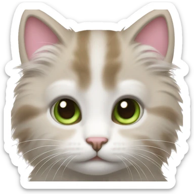 Make a kitten with brown fur, with white fur surrounding its eyes, muzzle and paws. Give it green eyes, a pink nose and white whiskers. sticker