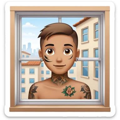 person with face tattoo looking out of window and opens shatters happy sticker