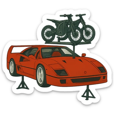 Make the two Sur-Ron electric bikes on the roof rack much smaller, to proper scale—significantly smaller than the stylized Ferrari F40, as they would be in real life. Keep the background transparent. sticker