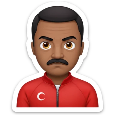 Recep İvedik character iconic look: short black hair, thick black eyebrows, distinct mustache, red-black tracksuit top, slightly angry and funny facial expression, Turkish comedy style emoji sticker