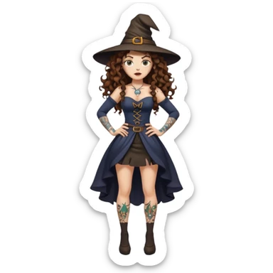 full body view of a woman with long curly brown hair, brown eyes, white skin, tattoos, hands on hips, unimpressed witch stance, psychedelic background swirl sticker