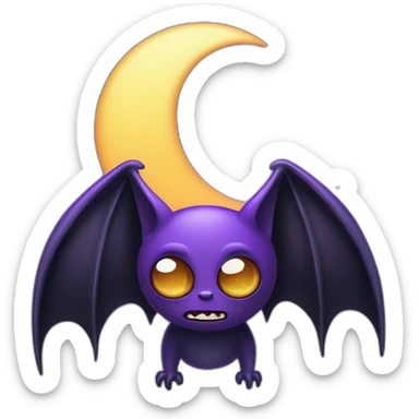 purple and black mad face vampire bat cartoon sparkle eyes wings flying in front of large dripping crescent moon sticker