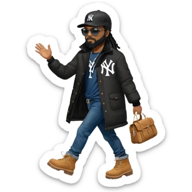 African American man with shoulder length black dreadlocks with black beard wearing black sunglasses wearing a black New York Yankees logo baseball cap wearing a black bubble winter coat with denim skinny jeans and timberland boots walking with hand out sticker