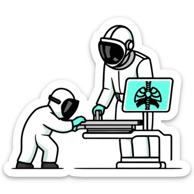 A friendly radiologist operating an X-ray machine, wearing protective gear sticker
