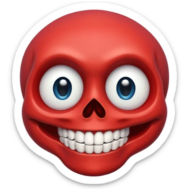 “A bright red cartoon skull with a smooth shiny surface, large round blue eyes with white outlines, a wide exaggerated smile showing big detailed teeth, simple black nose cavity, clean symmetrical face shape, centered on a plain light background, HD, sharp, vibrant, no distortion.” sticker