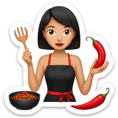 black short shoulder length hair tanned woman, black dress cooking, holding chili pepper sticker