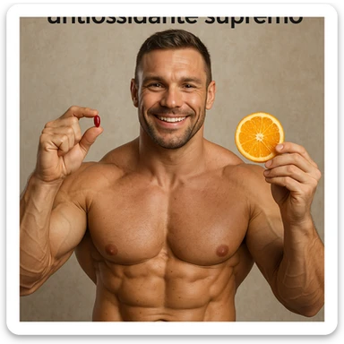 hyper realistic bodybuilder holding astaxanthin and an orange slice, defined muscles, text 'Astaxantina: antiossidante supremo', positive atmosphere, realistic details sticker