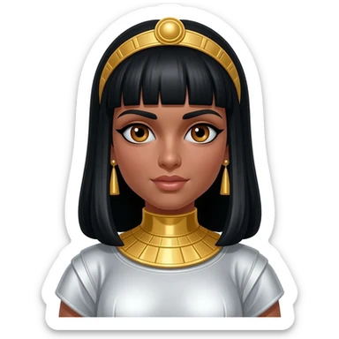 Cleopatra from Rome Mythology with hazel eyes, long black hair, white metallic tunic, gold collar and earrings, gold diadem sticker