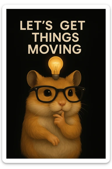 Add the text 'Let’s Get Things Moving' in a modern, clean font above or beside the modern, semi-realistic hamster with cool glasses and a lightbulb on a solid black background. Maintain the modern, semi-realistic style of the hamster with cool glasses and a lightbulb as in the reference image. sticker
