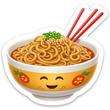 Wuhan hot dry noodles with sesame paste topping, simplified emoji style with bold outlines and bright colors, cartoon style unique breakfast noodles sticker