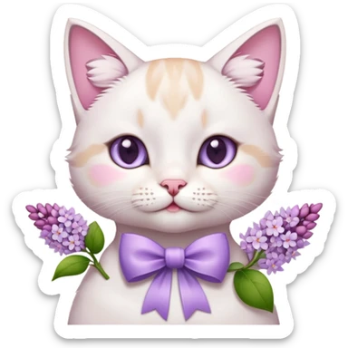 cute white and pink toned cat holding lilac flowers with a bow on its neck, emoji style sticker