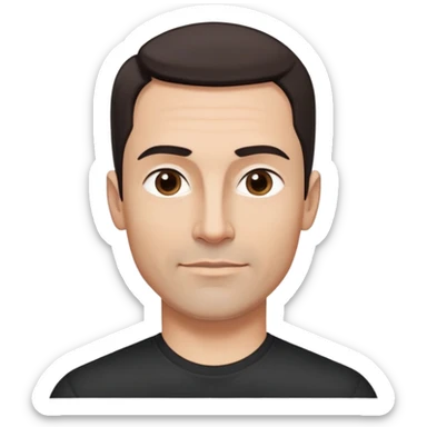 Attractive man in his 40s with youthful appearance, light brown skin, elongated face, defined jawline, medium dark eyes, arched eyebrows, straight nose, handsome friendly expression, short dark hair styled upward, athletic build, wearing a fitted black t-shirt sticker