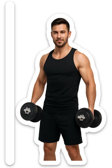 uomo fitness in forma con manubri da palestra in mano, isolata su sfondo bianco sticker