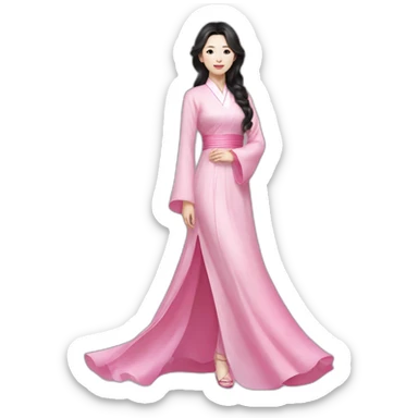 Go Yoon Jung with wavy black hair posing with pink ao dai full body sticker