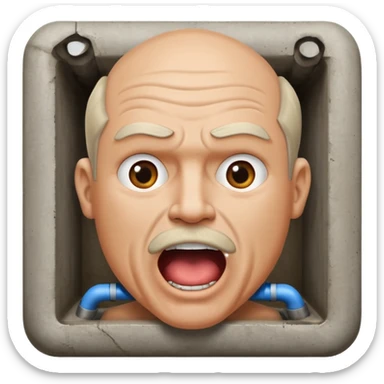 50 year old white male with an open mouth. No moustache—over his mouth is a square frame made of concrete connected to a drain pipe. He is proud and thinks his right, while being slightly angry because the joke is on him. sticker