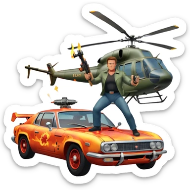 Icon for Action Movies: Arnold Schwarzenegger in the lead role, in an intense action pose with weapons, explosions, a car and helicopter flying out of flames in the background. The design should capture the explosive energy and heroism of classic action films. Transparent background. sticker