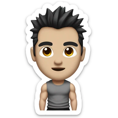 generate me an emoji that looks like a very bulky japanese bodybuilder with a scar on the left side of his lips, black spiky hair and eyes, a black slim fit  t-shirt and long baggy light grey japanese pants and black shoes sticker