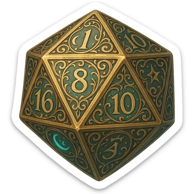 D20 dice, fantasy style, ornate engravings, mystical symbols, elegant sticker