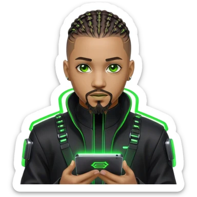 Light skinned African American male with green eyes as a cyberpunk hacker with cornrows hairstyle but short cornrows  with goatee facial hair  sticker