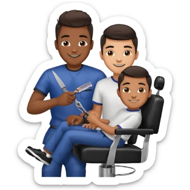 Barber cutting teenage boys hair. Show the boy sat in black barber chair and both having smiles on their faces. Both have dark hair sticker