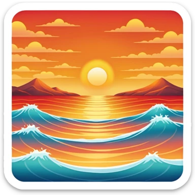 Sunset over a calm ocean with soft waves and a clear sky." sticker