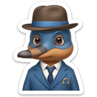 cute blue platypus with a detective hat and monocle on his eye, no  hands, looks like a platypus but blue, the hat and suit are anything but blue sticker