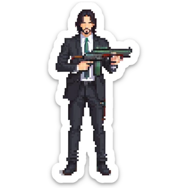 John Wick character with black suit, long dark hair, holding a gun sticker