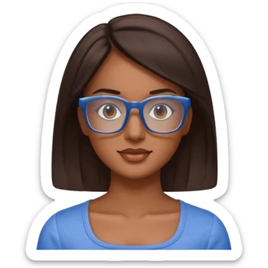 mujer de 30 años, cabello marron oscuro, anteojos cuadrados transparente, top celeste escote cuadrado sticker