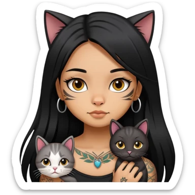 girl with long black  straight hair and tattoos and cute cat sticker