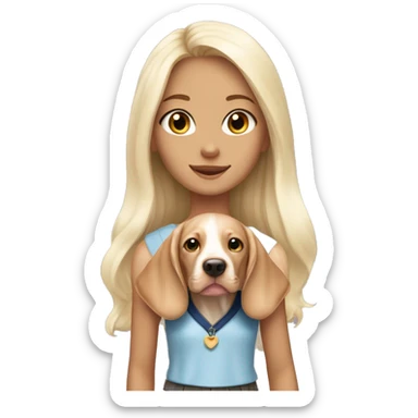 Pretty tan skinned girl with long white blonde hair wearing a preppy outfit with a cute vizsla puppy  sticker