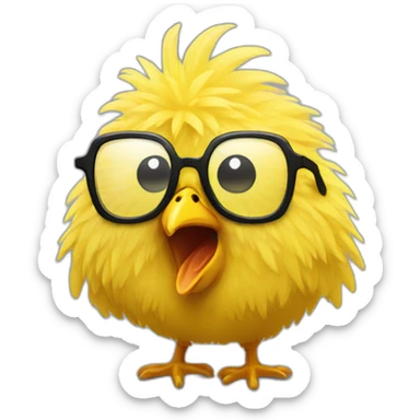 Fluffy yellow chicken with dark glasses shocked by a thunder sticker