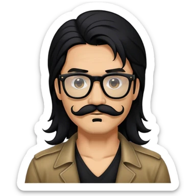 edgy man with long hair and a mustache tan black glasses sticker